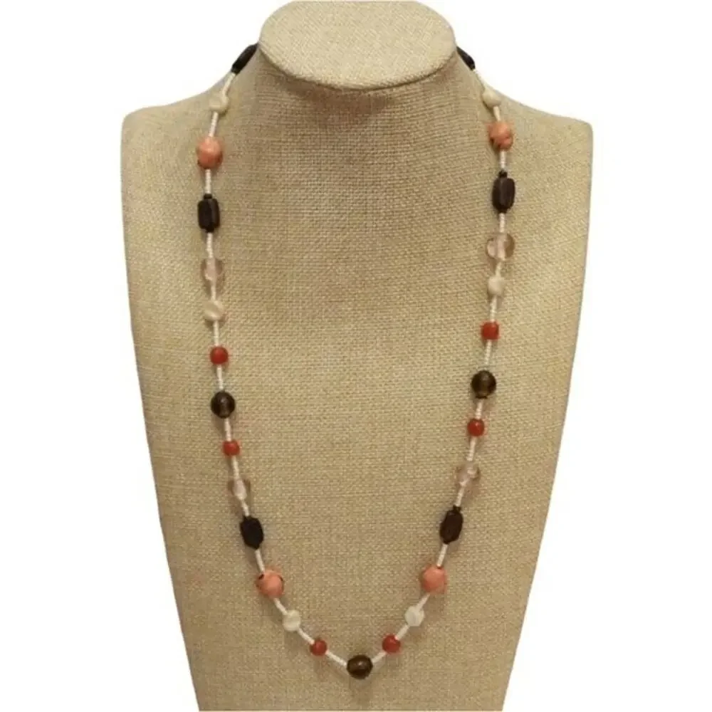 Treska Vintage Earth Tone Beaded Necklace Coral Brown Wood Glass Seed Bead 24 In